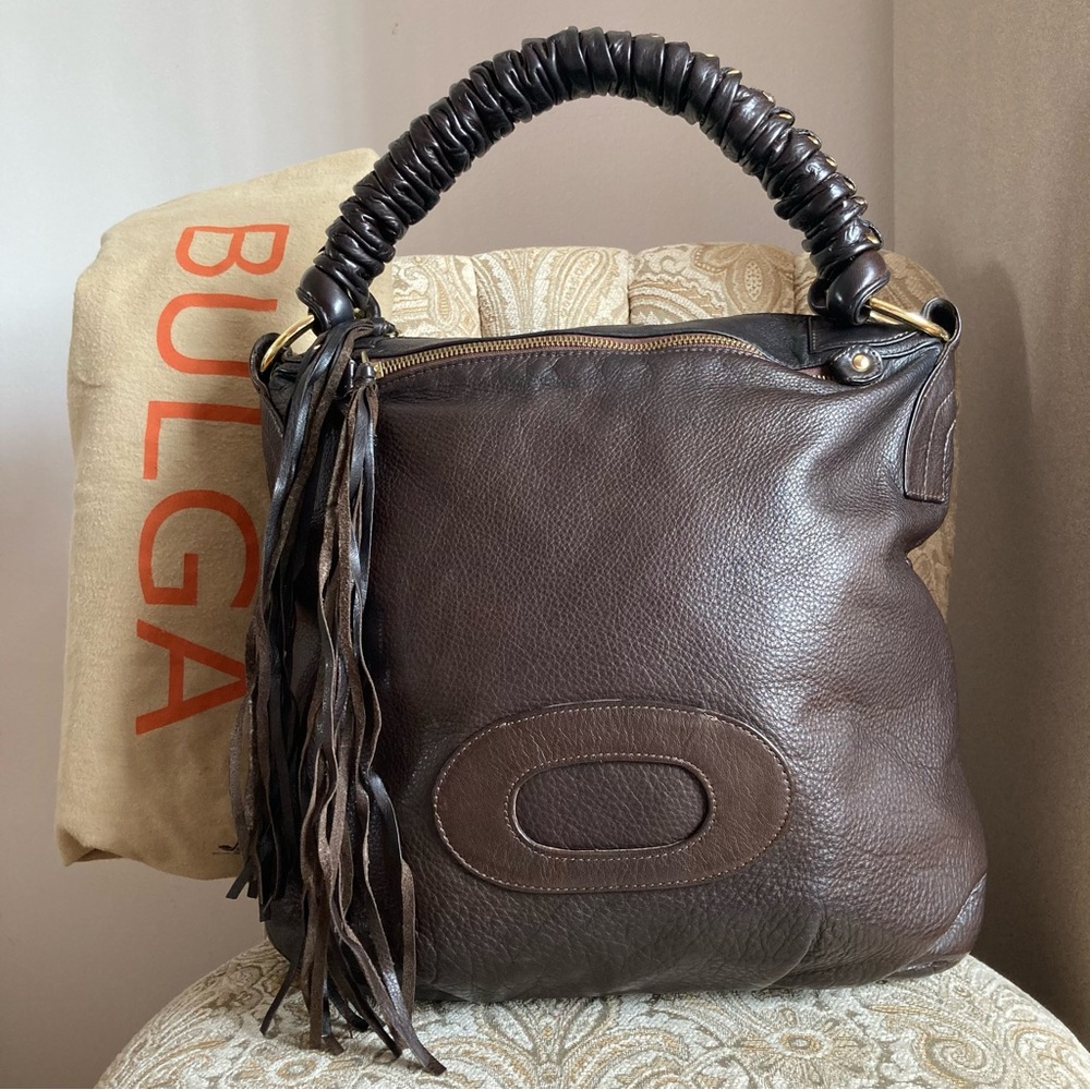 BULGA |Soft Pebbled Leather Boho/Tote /Fringe /Studs / Slouch Handbag Dark Brown